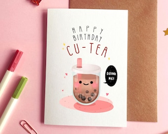 Happy Birthday Cu-tea Card | Boba Birthday Card, Bubble Tea Birthday Card, Milk Tea Card, Boba Pun Card, Happy Birthday Card, Kawaii Card