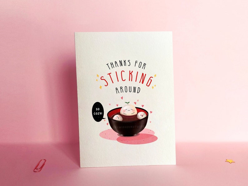 Thank You Card Sweet Mochi card, Kawaii Anniversary Card, Cute Mochi Card, Red Bean Soup Card, Japanese Mochi Card For Her, Card For Him image 4