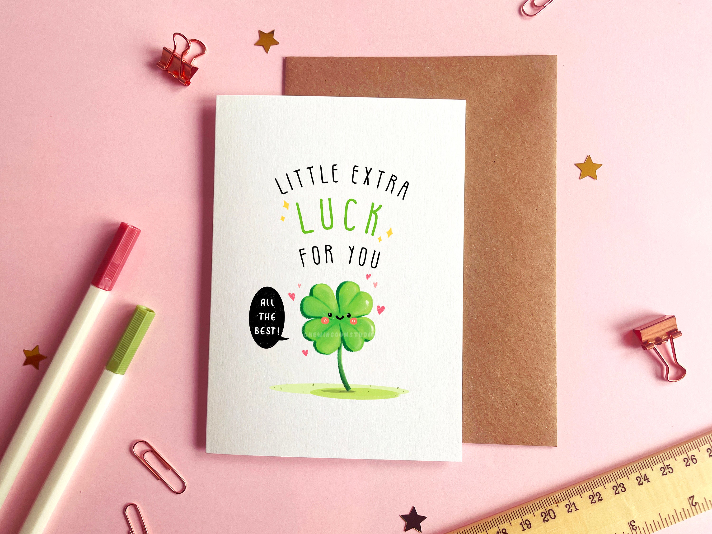 Good Luck Clover Card | All The Best Card, Leaving Card, Exam Card, Cute Goodbye Card, Farewell Card For Colleague, Four Leaf Clover Card