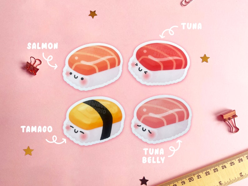 Sushi Stickers Pack Japanese Sushi Sticker, Salmon, Egg, Tuna, Tuna Belly Sushi Sticker, Kawaii Asian Food Die Cut, Cute Nigiri Sticker image 2