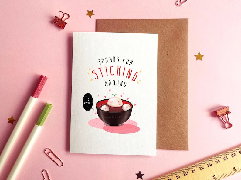 Thank You Card Sweet Mochi card, Kawaii Anniversary Card, Cute Mochi Card, Red Bean Soup Card, Japanese Mochi Card For Her, Card For Him image 1