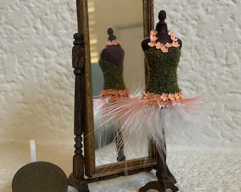 1:24 Scale Fairy Gown Mannequin, Moss Bodice, Feather Skirt, Coral Blossoms and Faux Pearls