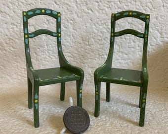 1:12 scale Hand Painted Chairs, Folk Art style in Green, set of two
