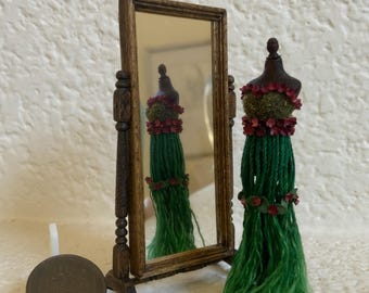1:24 scale fairy gown, dressed mannequin in florals, moss, thread, leaves, red blossoms