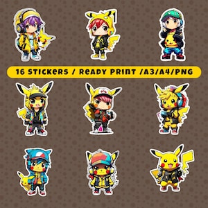 16 adesivi Pikachu Boy / adesivi / Pikachu / stampa pronta / PNG / A3 / A4 / HD