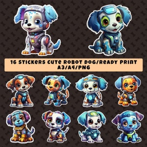 16 adesivi simpatico cane robot / adesivi / simpatico cane robot / stampa pronta / PNG / A3 / A4 / HD