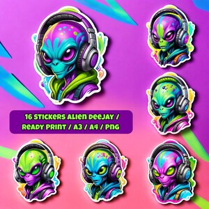 Puede incluir: 16 pegatinas con un extraterrestre que lleva auriculares con salpicaduras de pintura de colores. El extraterrestre tiene la piel verde y lleva una chaqueta morada y verde. Las pegatinas están listas para imprimir en tamaño A3 o A4.