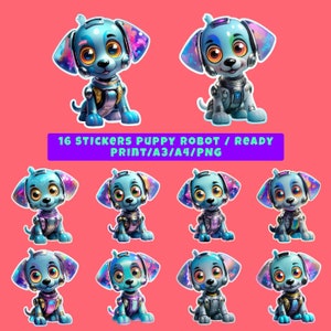 16 adesivi cucciolo robot / adesivi / cucciolo robot / stampa pronta / PNG / A3 / A4 / HD
