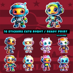 16 adesivi Robot carini / Adesivi / Robot carini / Stampa pronta / PNG / A3 / A4 / HD