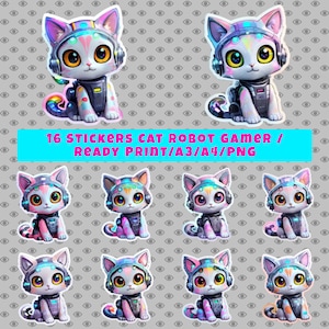 16 adesivi Cat Robot Gamer / Adesivi / Cat Robot Gamer / Stampa pronta / PNG / A3 / A4 / HD
