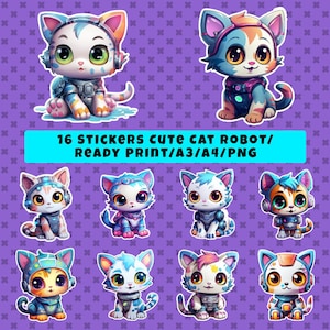16 adesivi Robot gatto carino / Adesivi / Robot gatto carino / Stampa pronta / PNG / A3 / A4 / HD
