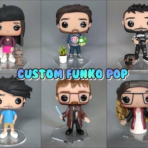 May include: Six custom-made Funko Pop figures. The figures are all different and feature various details, including clothing, accessories, and facial expressions. The figures are displayed on clear plastic bases. The text "CUSTOM FUNKO POP" is displayed in the center of the image.