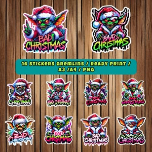 16 stickers Gremlins Kerstmis / Stickers / Gremlins Kerstmis / Klaar Print / PNG / A3 / A4 / HD