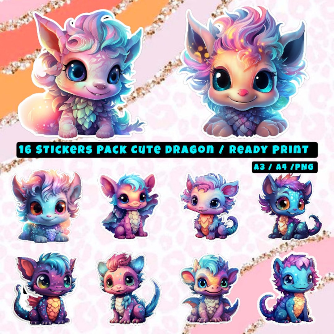 16 Stickers Cute Dragon / Stickers / Dragons / Ready Print / PNG / A3 ...