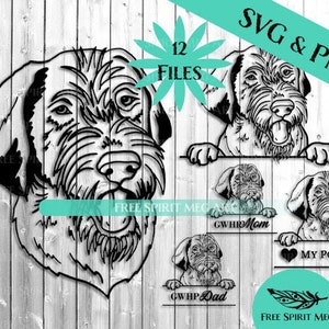 ジャーマン・ワイヤーヘアード・ポインター SVG PNG バンドル: 覗き見犬のカットファイル (即時ダウンロード)
