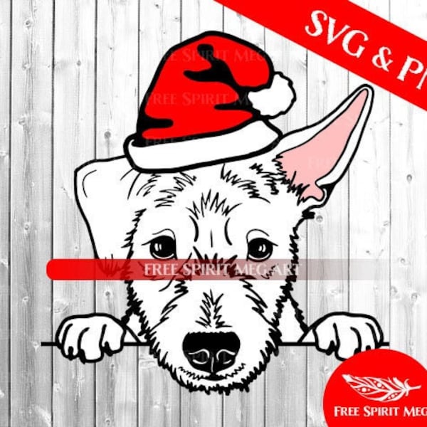 Christmas Terrier SVG, Layered SVG, Digital Download, plus PNG file, Terrier in Santa Hat, Christmas svg, Puppy, Peeking Dog