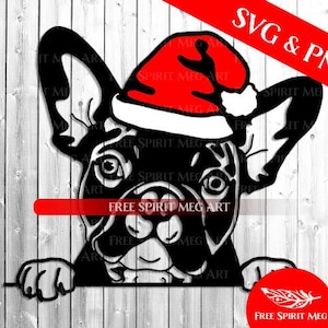 Kerst Franse Bulldog SVG, Gelaagde SVG plus PNG Bestand, Frenchie met Kerstmuts, Vakantie Puppy