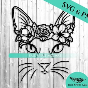 Floral Cat SVG & PNG, Digitale Download SVG-bestand voor cricut, Cat Face SVG, Cat Head SVG, Botanische SVG, Flower SVG