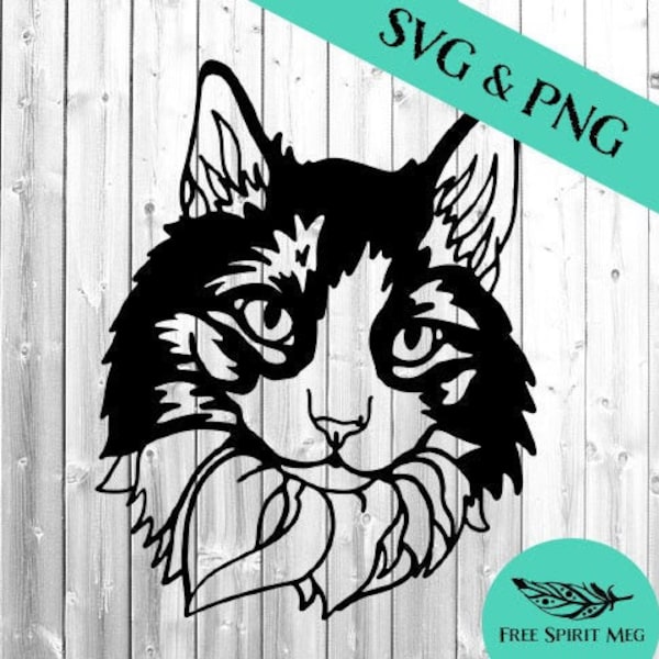 Long Haired Cat Head SVG & PNG Files, Instant Download for Cricut Design, Feline Series