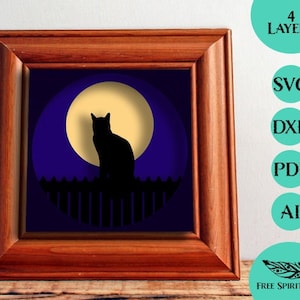 3D Cat SVG, Halloween svg, Digital Download, Shadow Box or Light Box Project, Multi Layered SVG, Halloween Cat Silhouette with Full Moon