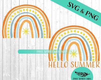 Boho Rainbow SVG & PNG, Hello Summer svg, Digital Download svg file for cricut, Sublimation Design, Retro Rainbow svg, Hippie svg, Sun svg