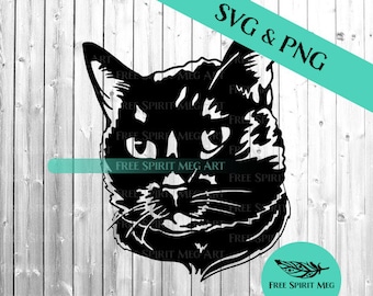 Black Cat Face, Feline Series, Instant Download SVG & PNG, 2 Files