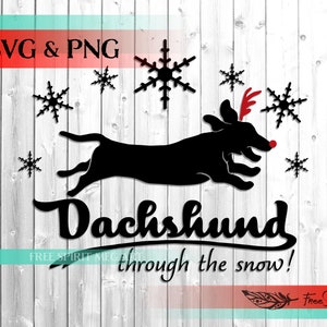 Teckel door de sneeuw SVG & PNG, Kerstmis teckel SVG, Doxie SVG, digitale download SVG-bestand voor cricut, hond moeder SVG, Rudolph neus