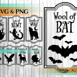 Könnte beinhalten: Ein Satz von acht schwarz-weißen Halloween-SVG- und PNG-Dateien. Die Dateien zeigen verschiedene gruselige Zutaten, darunter eine Froschzehe, ein Molch-Auge, ein Wolfszahn, eine Schlangenhaut, ein Eulenflügel, eine Hundezunge, ein Eidechsenbein und Wolle von einer Fledermaus. Jede Zutat ist mit ihrem Namen beschriftet und von einem schwarzen Rahmen umgeben.