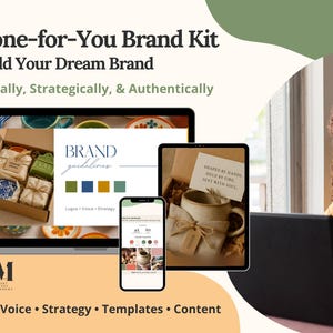 May include: A laptop, tablet, and smartphone display a brand kit design. The laptop shows a box of products, the tablet displays a mug, and the phone shows a logo. The text reads "Done-for-You Brand Kit" and "Build Your Dream Brand".