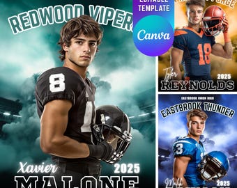 May include: A composite image featuring three football players in their team uniforms. The main image shows a player in a black and white uniform holding a helmet. Text includes "Redwood Viper", "Xavier Malone", and "2025". The other images show players in blue and orange uniforms.