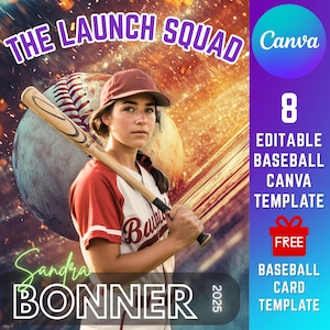 8 modelos de pôster de beisebol do Canva, modelos de esportes do Canva, cartão de beisebol com banner para a noite de formatura