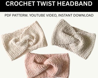 Patroon gehaakte hoofdband pdf | Haakpatroon gedraaide oorwarmer | Gemakkelijke winterhoofdband voor beginners | Maten baby tot volwassen