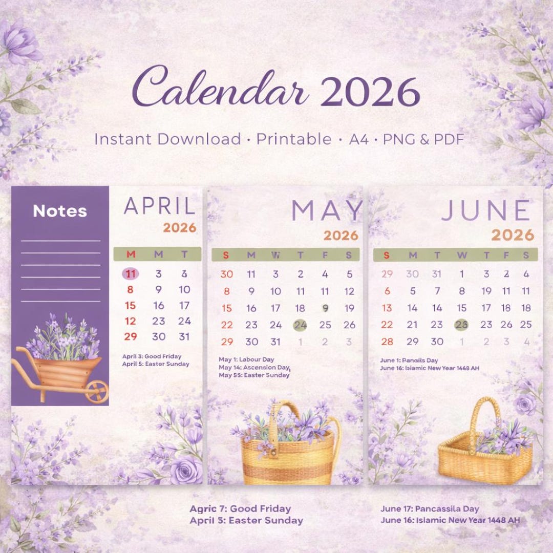 Purple Watercolor Floral Printable Calendar 2026 A4 Landscape | 12 ...
