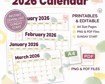 Pastel Modern 2026 Monthly Calendar Planner | Minimal Printable Year Planner | Instant Download PDF