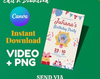 Sjabloon uitnodiging kinderfeestje Canva VIDEO | Digitale verjaardagsuitnodiging | Afdrukbare DIY-vieringsaankondiging