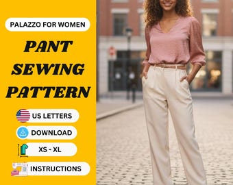 Naaipatroon palazzo-broek, wijde pijpen damesbroek (digitale pdf, US Letter Grading 0-32