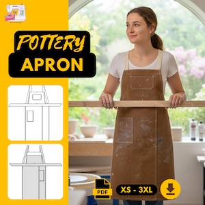 May include: Brown pottery apron with two front pockets and cream-coloured straps. The apron is worn by a person holding a wooden plank. The text "POTTERY APRON" is displayed in yellow and black. The apron is available in sizes XS-3XL.