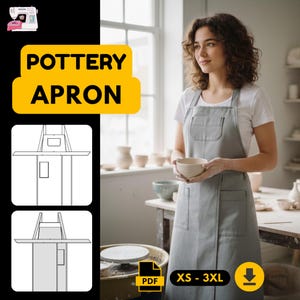 Op de afbeelding: Een grijze pottenbakkersschort met een zak en de tekst "POTTERY APRON" in een gele rechthoek. De afbeelding bevat ook een PDF-pictogram, maatbereik XS-3XL en een vrouw die een keramische kom vasthoudt.