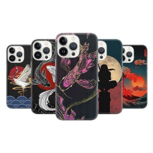 May include: Five smartphone cases featuring artistic designs. The first shows a white crane over blue waves and a red sun. The second features a black and white koi fish. The third displays a pink koi fish. The fourth shows a silhouette against a moon.