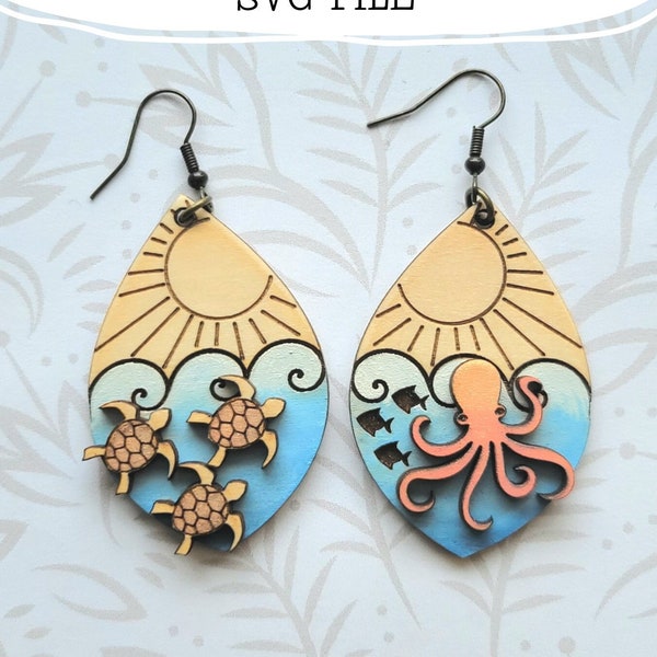 Ocean Octopus and Sea Turtle Dangle Earring SVG - Glowforge Ready - SVG Only