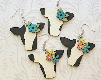 Cows with Retro Flowers Earring SVG - Glowforge ready - SVG Only - Farmhouse, Highland, Dairy, Holstein