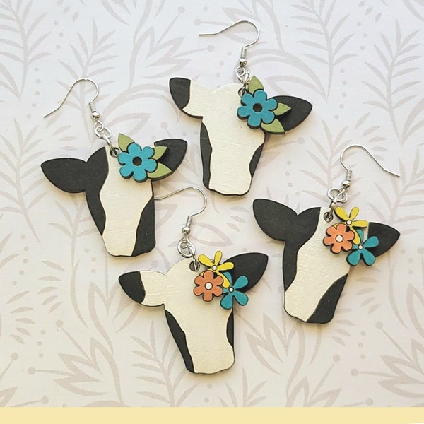 Cows with Retro Flowers Earring SVG - Glowforge ready - SVG Only - Farmhouse, Highland, Dairy, Holstein
