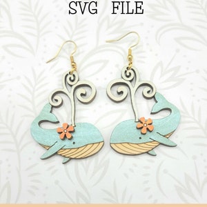Whales with Retro Flowers Dangle Earring SVG laser file - Glowforge Ready - SVG ONLY