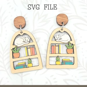 Livros, gatos e plantas brinco pendurado arquivo SVG - pronto para Glowforge - SOMENTE SVG - cacto - flor - gatinho