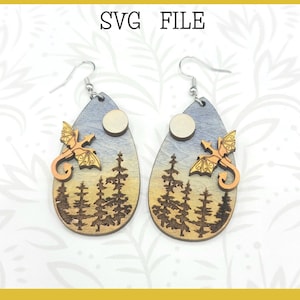 Draken, bomen en de maan Dangle Earring laserbestand - Glowforge Ready - ALLEEN SVG - sterren - draak - bergen - boeken