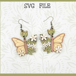 Boucles d'oreilles pendantes, papillons avec fleurs et feuilles fichier SVG - Glowforge ready - SVG UNIQUEMENT