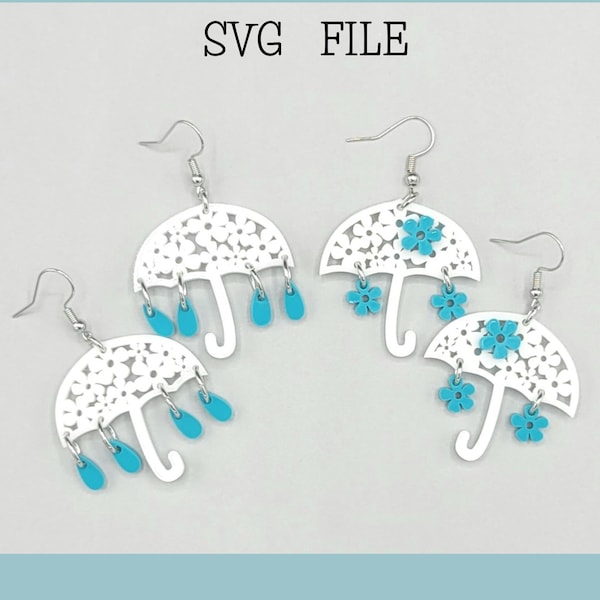 Umbrellas with Rain drop Flowers on Acrylic Dangle Earring SVG laser file - Glowforge Ready - SVG ONLY - Clouds - Weather