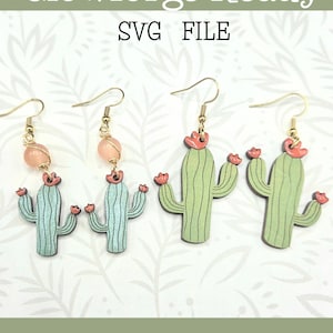 Diseño de archivo láser SVG de aretes colgantes de cactus con flores - Glowforge Ready - SOLO SVG