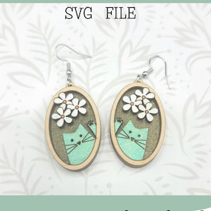 Katten en bloemen in een gelaagde lijst dangle Earring SVG-laserbestand - Glowforge Ready - ALLEEN SVG