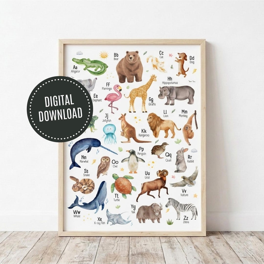 Animal Alphabet Poster, Watercolor ABC Print, Kids Educational Wall Art ...